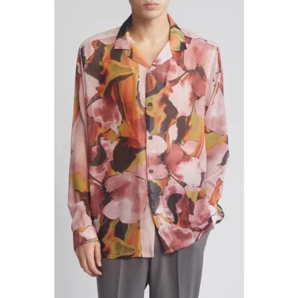 ASOS Design‎ NWT Sz 4XL Abstract Floral Relaxed Sheer Button Up Shirt Watercolor - Picture 1 of 12